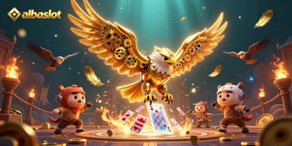 Gali pengalaman judi dengan albaslot, elang siber dan kartu holografik di arena yang dramatis.