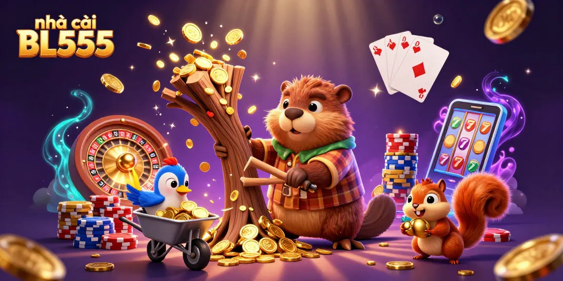 Win big at nhà cái BL555 with a cartoon beaver showering gold coins and casino excitement.