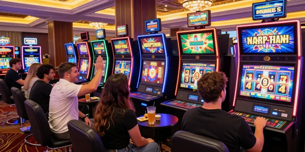 Slot gacor hari ini: pemain bahagia bermain mesin slot di kasino online.