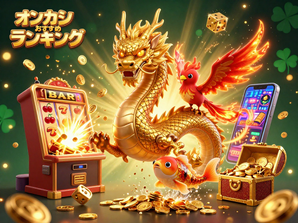 オンカジ おすすめ ランキングのための豪華なスロットジャックポットシーンで、黄金のドラゴンと炎の鳳凰が共演
