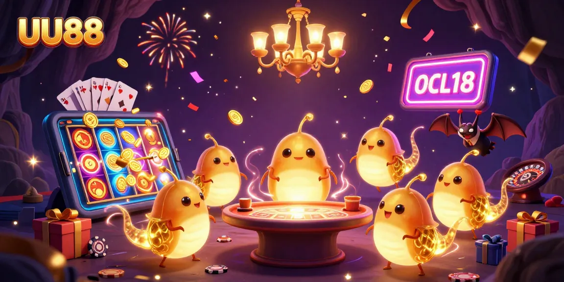 UU88 glowworms illuminate a vibrant cave casino with games and festive visuals.