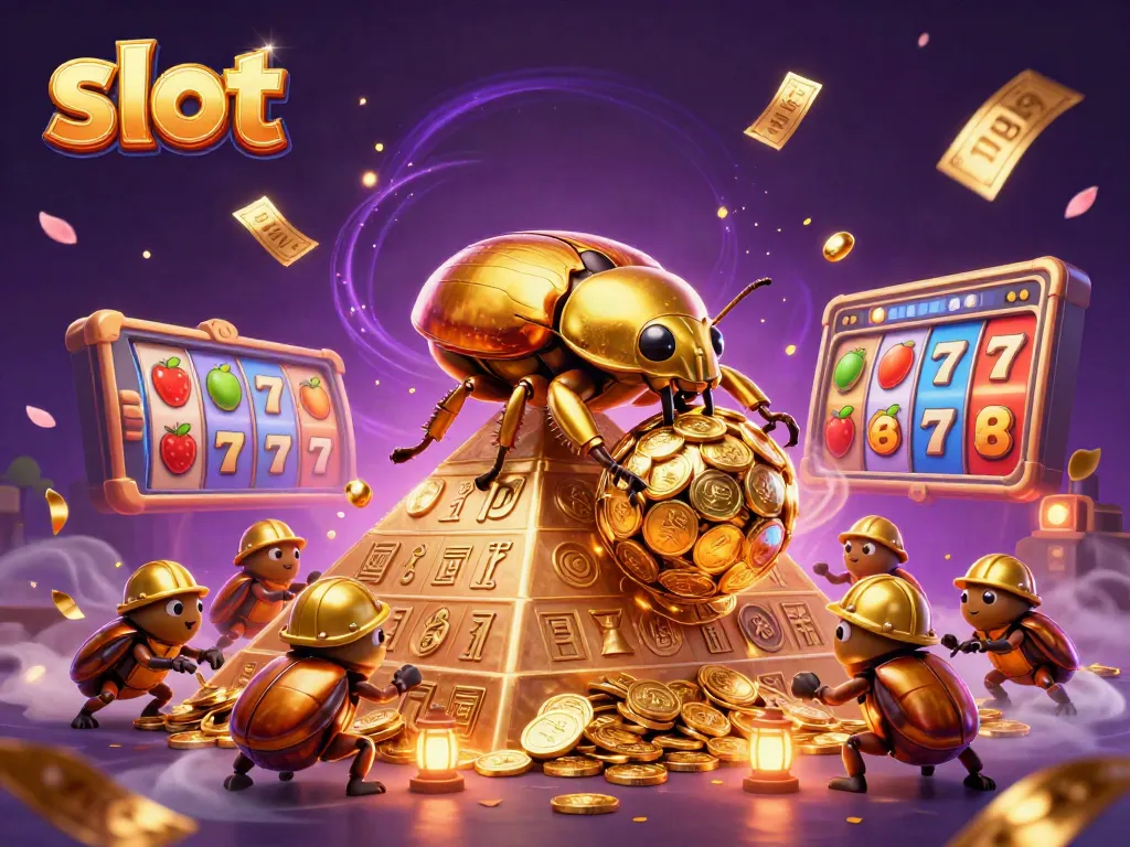 Slot yang menarik dengan kumbang emas dan simbol kasino dalam ilustrasi 3D