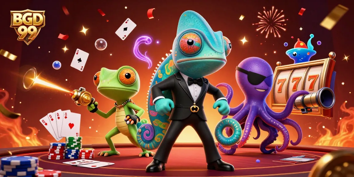 BGD 99 showcases thrilling poker action with a vibrant chameleon and friends in an exciting casino scene.