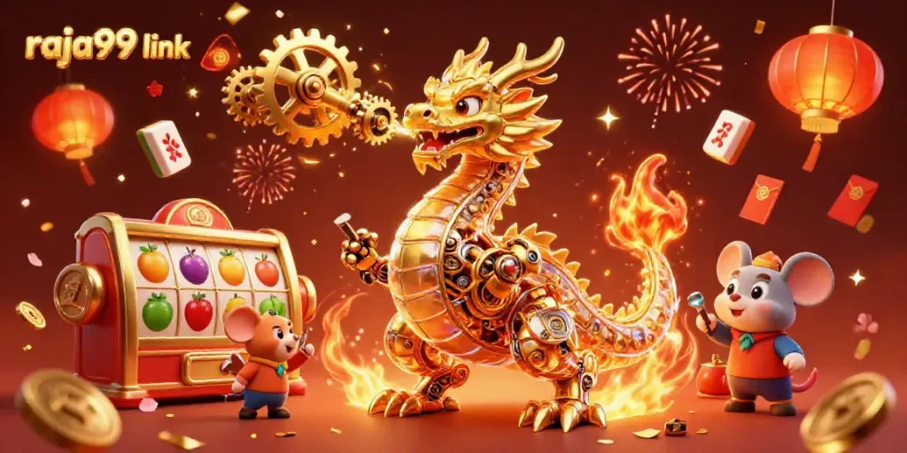 Experience the thrill with the raja99 link, where a mechanical dragon breathes cogs in a festive casino scene.