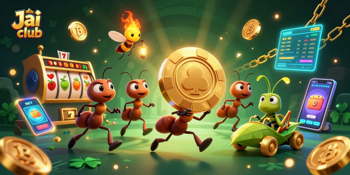 Jai club showcases a 3D heist scene with ants, a firefly lookout, and a grasshopper driver amid vibrant slot reels.