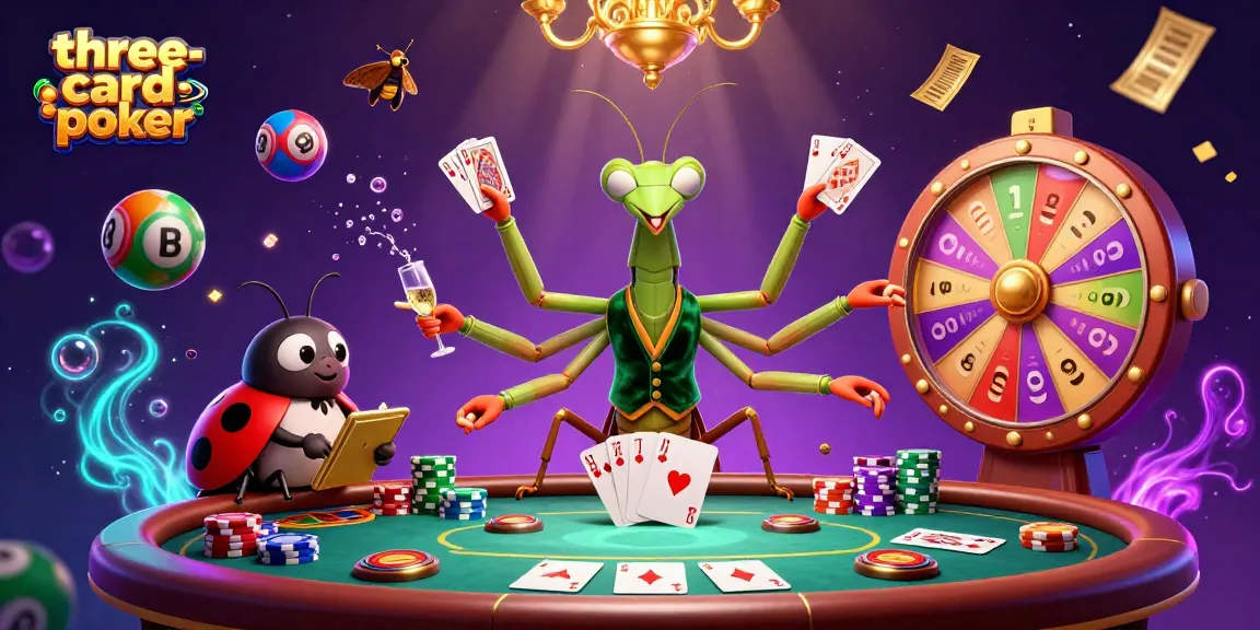 Experience three-card-poker action with a vibrant scene of dynamic card dealing and playful characters.