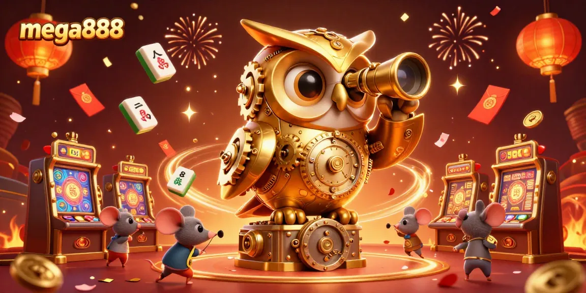 Experience the thrill of mega888 with a dynamic casino scene showcasing golden owl and vibrant game elements.