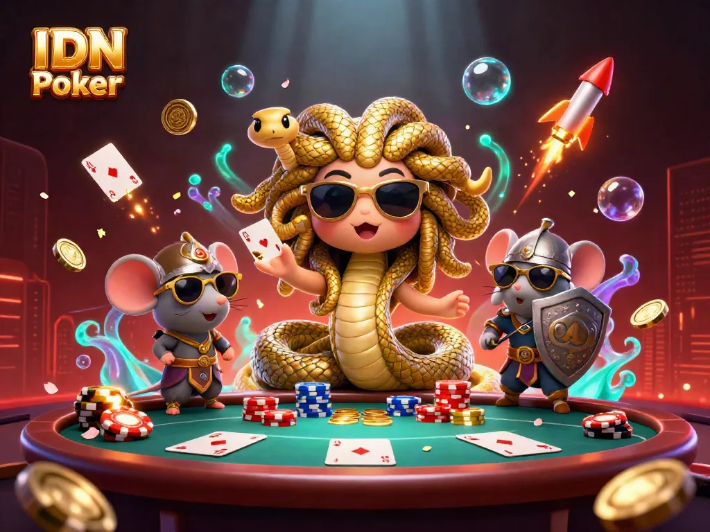 Engage in IDN Poker gameplay with a colorful, dynamic 3D casino illustration.