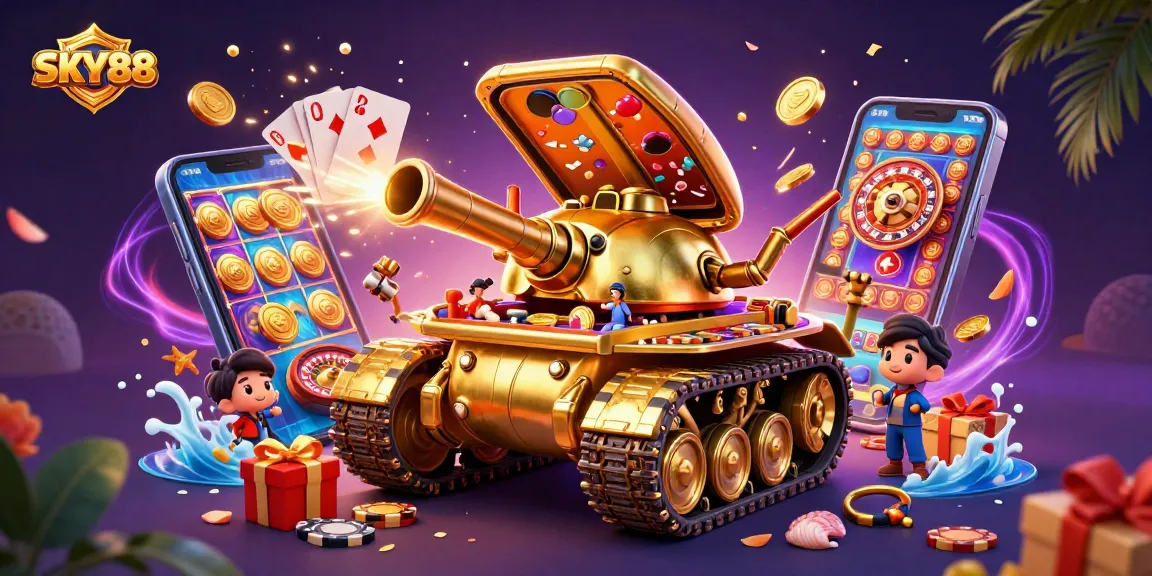 Experience the excitement of SKY88 as golden coins and games erupt from a vibrant casino tank.