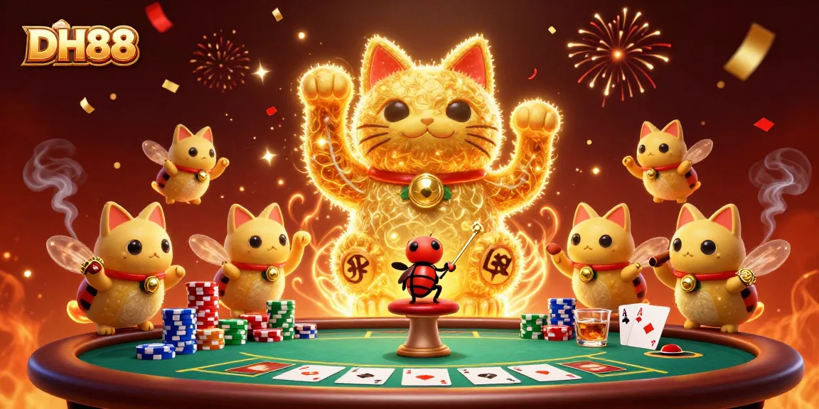 Experience the excitement of DH88 with the lucky cat scene surrounded by vibrant casino symbols and poker elements.