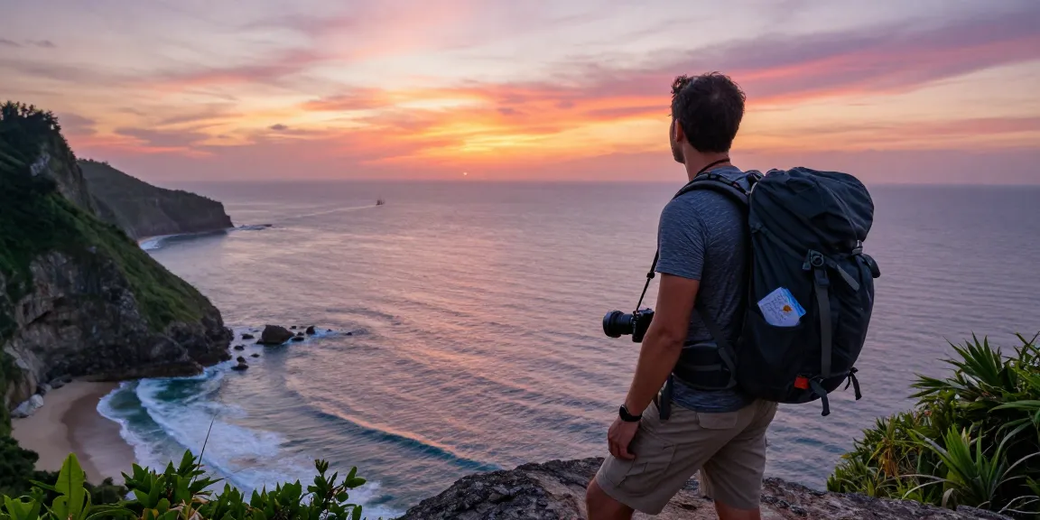 Traveler enjoying a scenic coastal view at sunset, read more here about adventure travel tips.