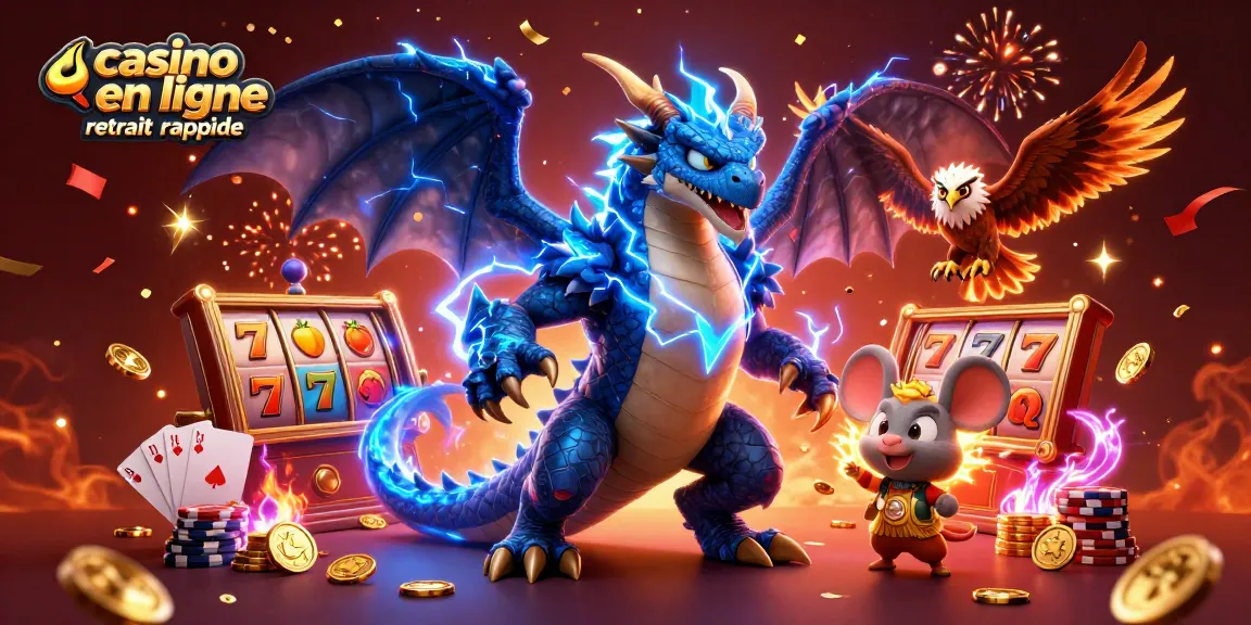Visualisez un casino en ligne retrait rapide avec des éléments de jeu colorés, des personnages dynamiques et festifs.