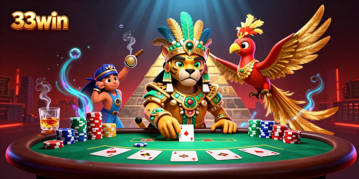 Engage with 33win in this vibrant 3D scene featuring animated casino elements and characters.