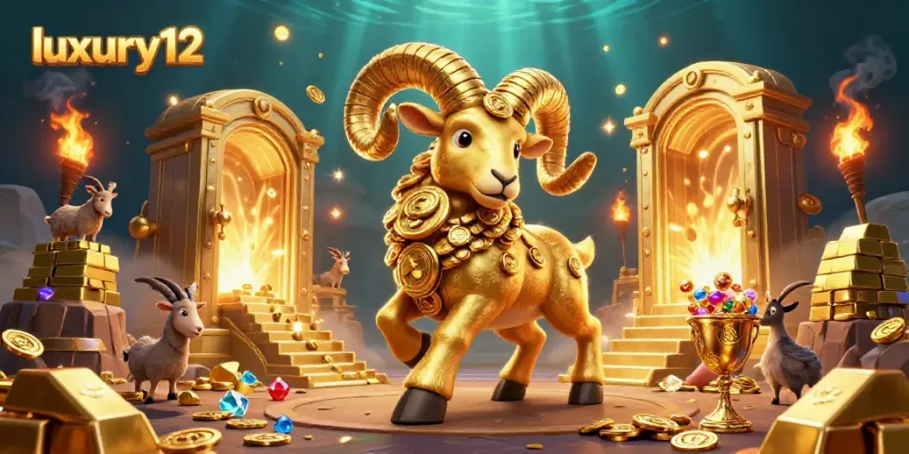 Experience luxury12 with a golden ram charging through a treasure-filled casino realm, surrounded by dazzling gems.
