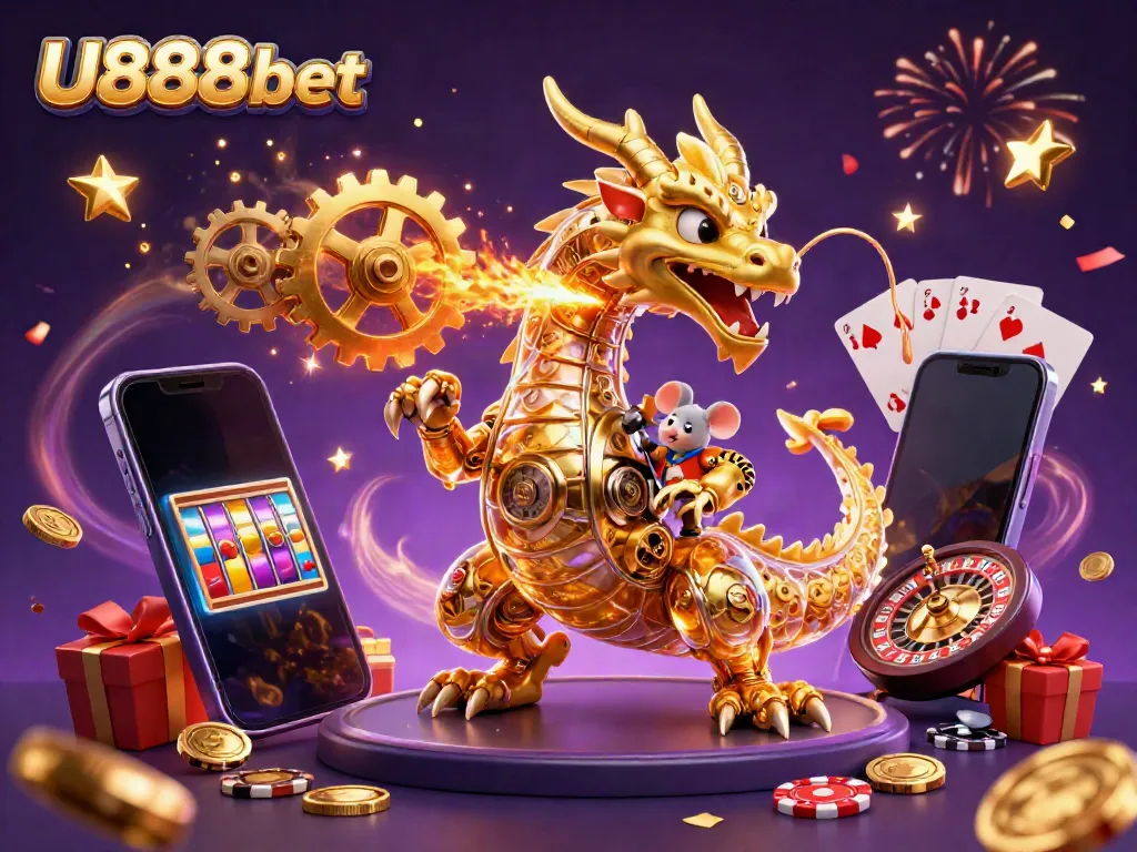 Engage with U888bet's thrilling world as a golden dragon breathes golden cogs amidst vibrant casino elements.