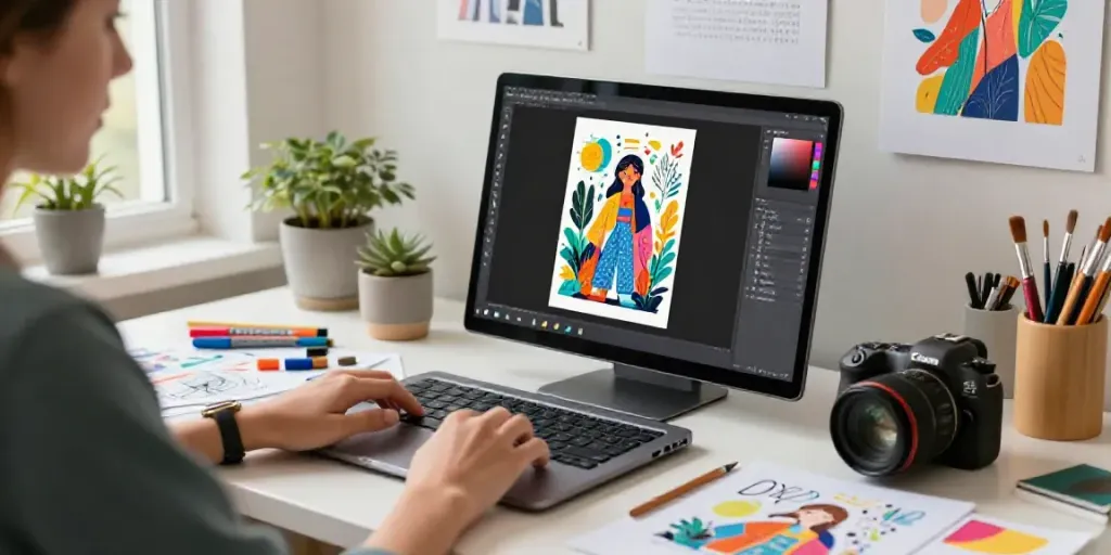 Create stunning artwork with an online AI illustration generator in a creative workspace, featuring vibrant sketches and art supplies.