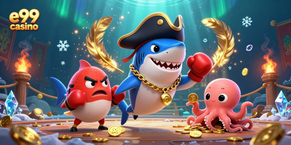 Join the fun at e99 casino with a thrilling underwater gambling illustration featuring unique characters.