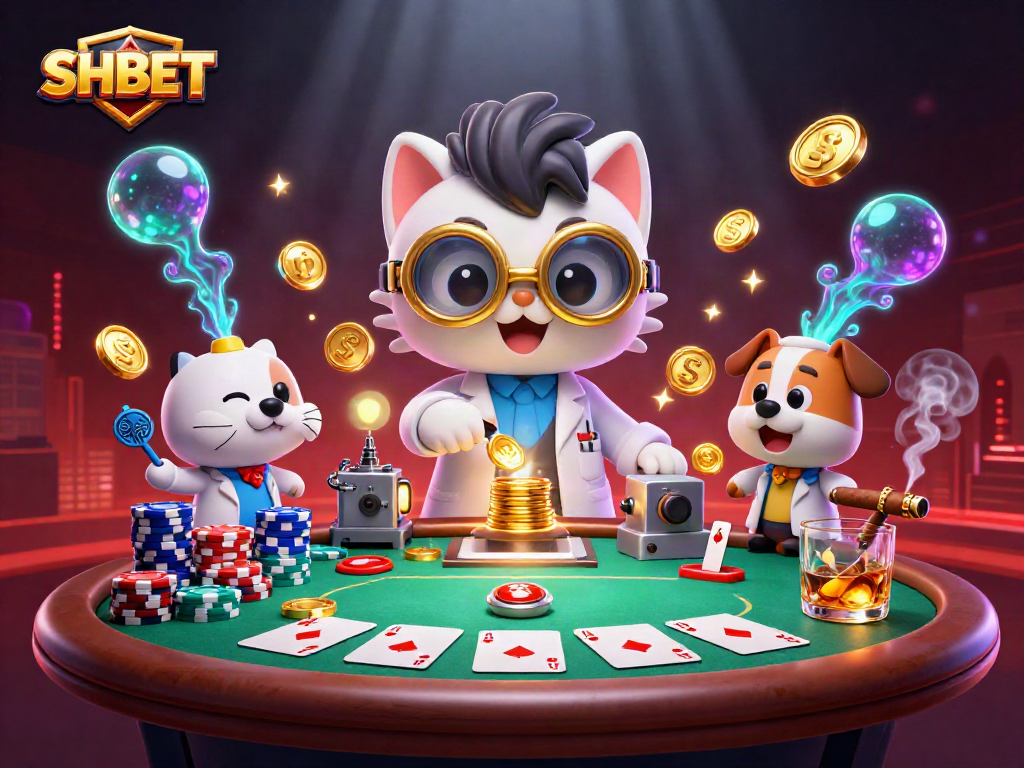 Join the excitement at SHBET with an energetic poker scene showcasing mad scientist cat and lab assistant.