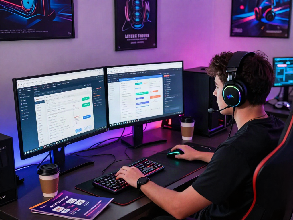 Engaged individual reviewing verification data for 먹튀스팟 검증사이트 in a vibrant gaming setup with dual screens.