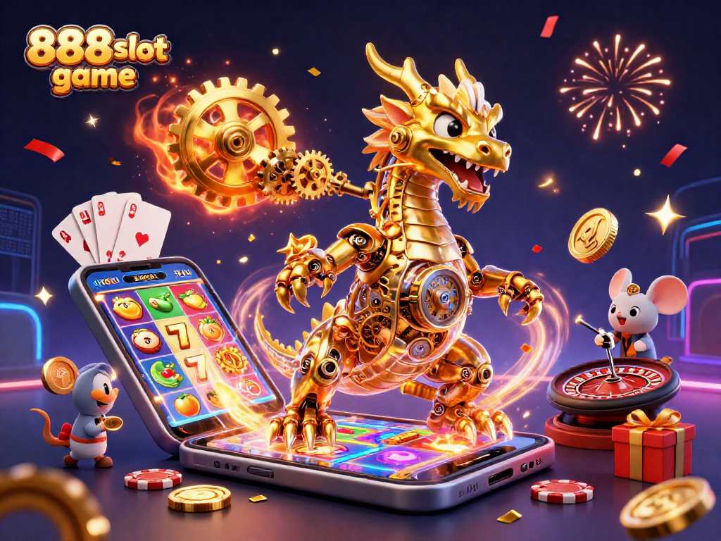 Engage in thrilling action with the 888slot game featuring vibrant slot visuals and a mechanical dragon.