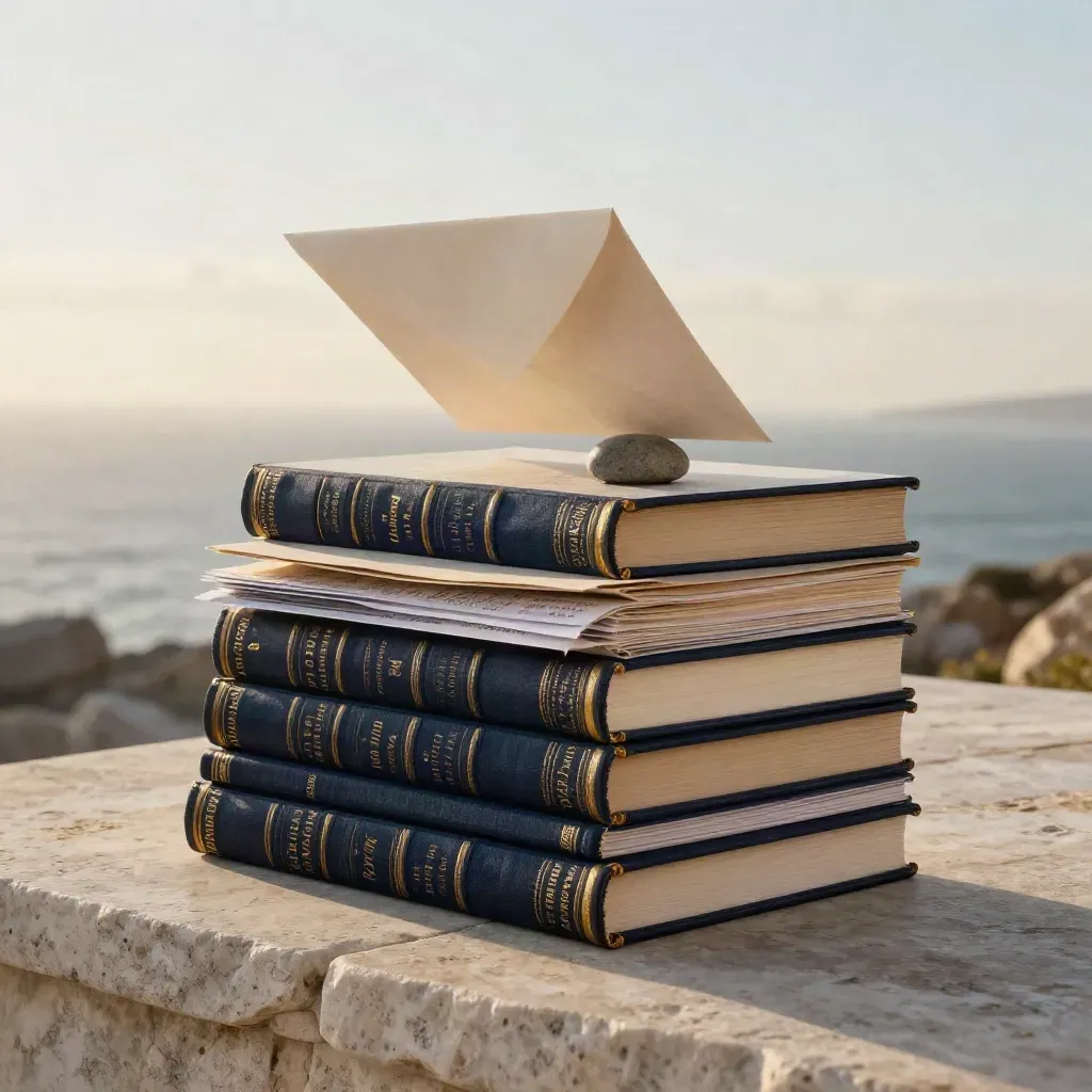 Clothbound founder interview folios on limestone, wind lifting pages by the sea