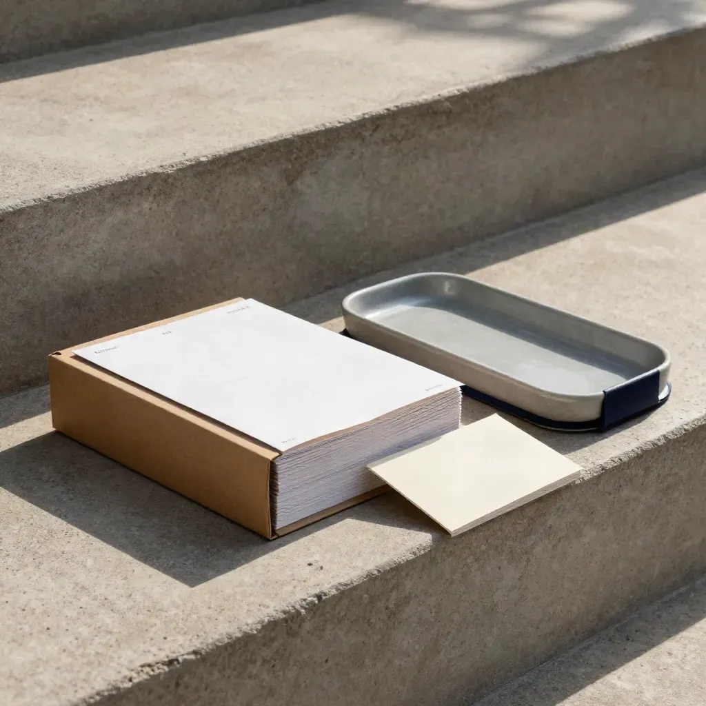 Matte kraft launch box, guidebooks, and ceramic tray on a sunlit concrete step.