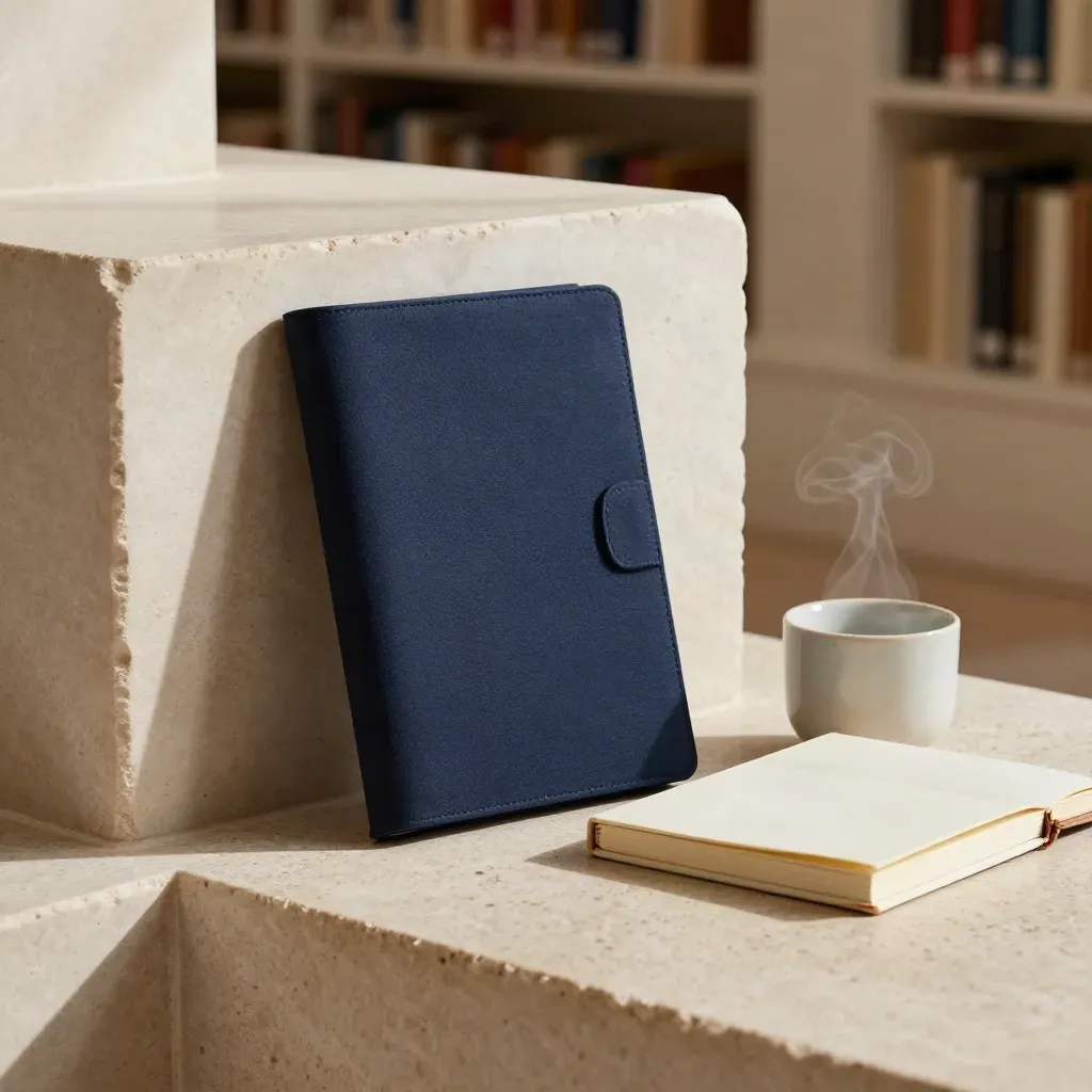 Navy folio, closed notebook and ceramic cup on limestone in soft sunlit dust