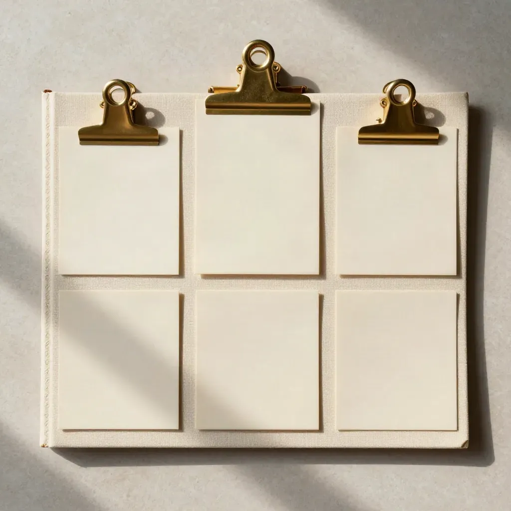 Ivory brand guide, swatches, and brass clip on pale plaster in a precise overhead flatlay.