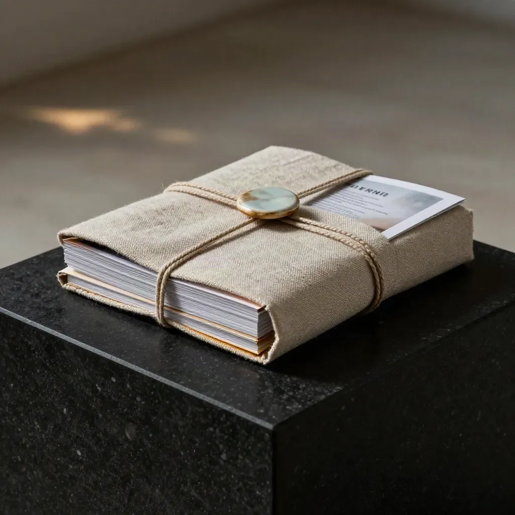Linen-wrapped founder interview pack with three zines, string tie, and ceramic token on dark stone.