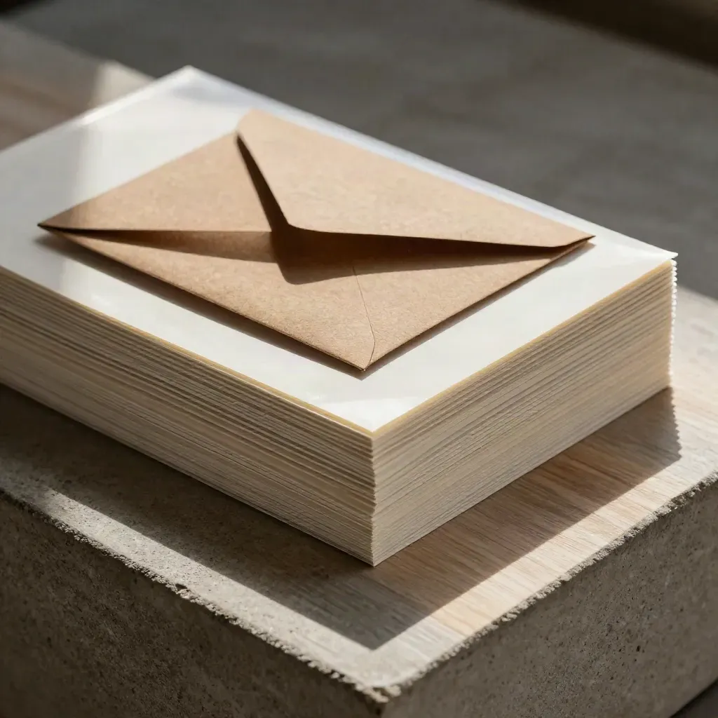 Overhead flatlay of a card stack, translucent sleeve, and folded envelope on warm stone.