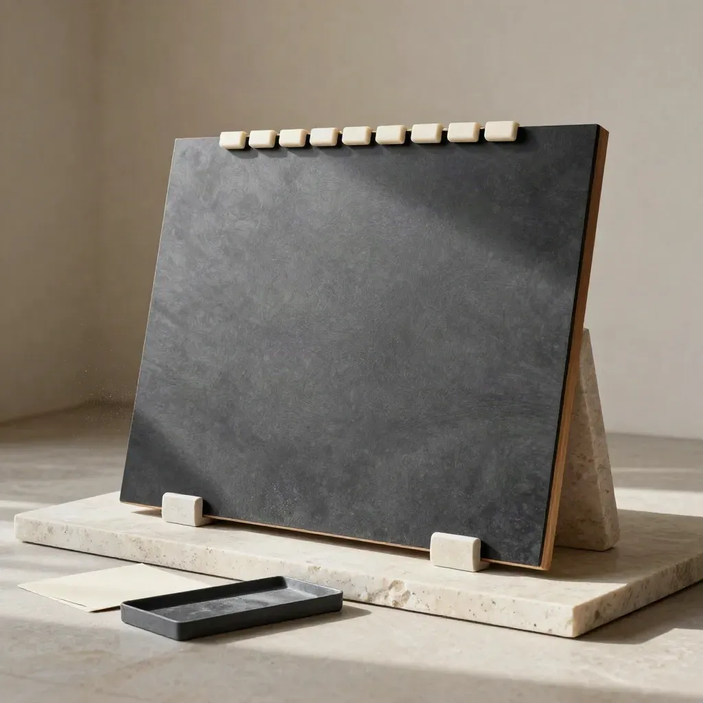 Floor-level product shot of a charcoal productivity board leaning on stone, lit with drifting dust.