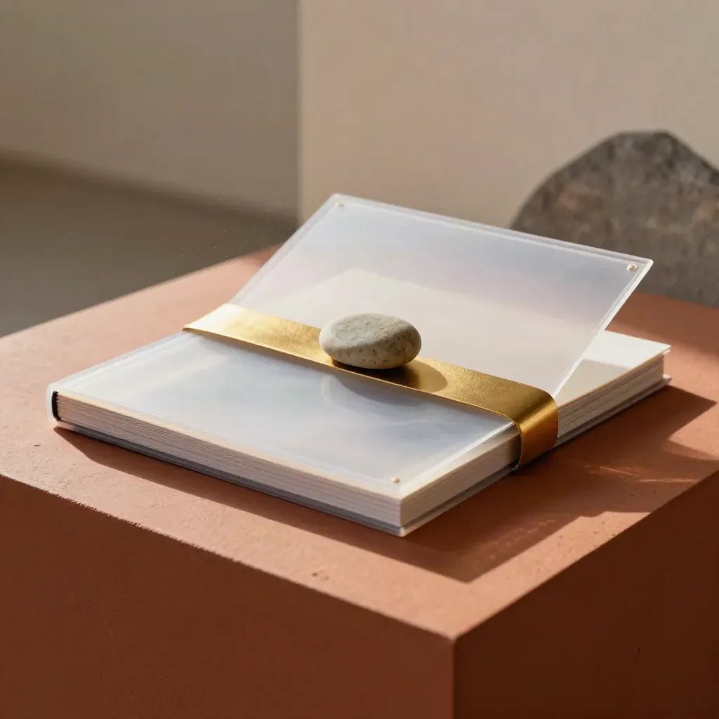 Glossy trend report folio with acetate cover, pebble weight, and gold-lit paper band on terracotta plinth.