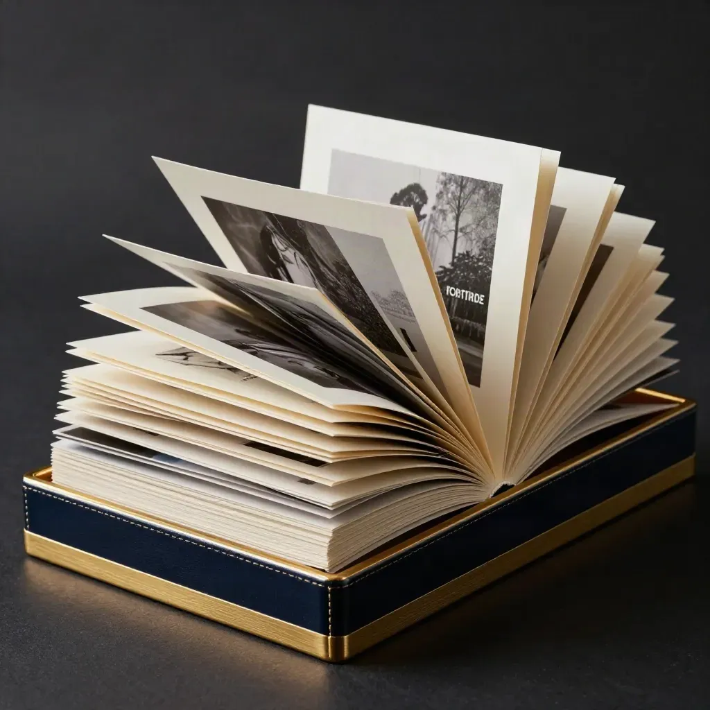 Navy zine bundle bursting open in a gold-edged tray on a dark studio surface.