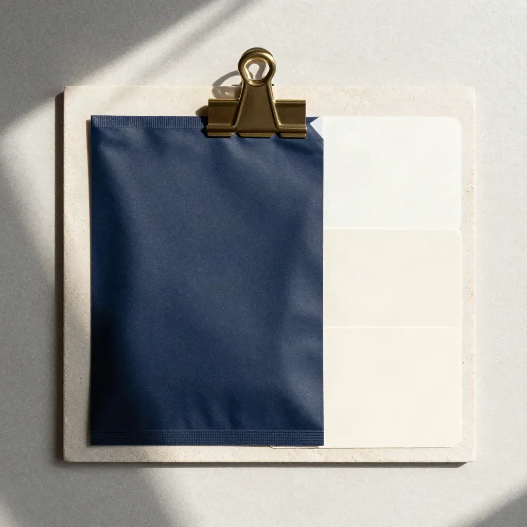 Overhead navy packet, translucent sleeve, three ivory slip cards and brass clip on pale stone.