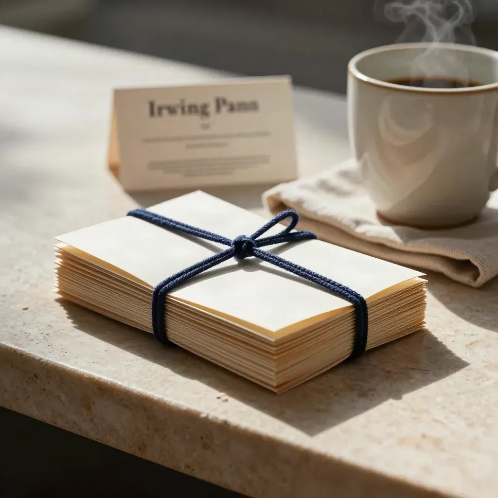 Pocket booklets, ceramic cup, and linen napkin on a limestone ledge in soft daylight.