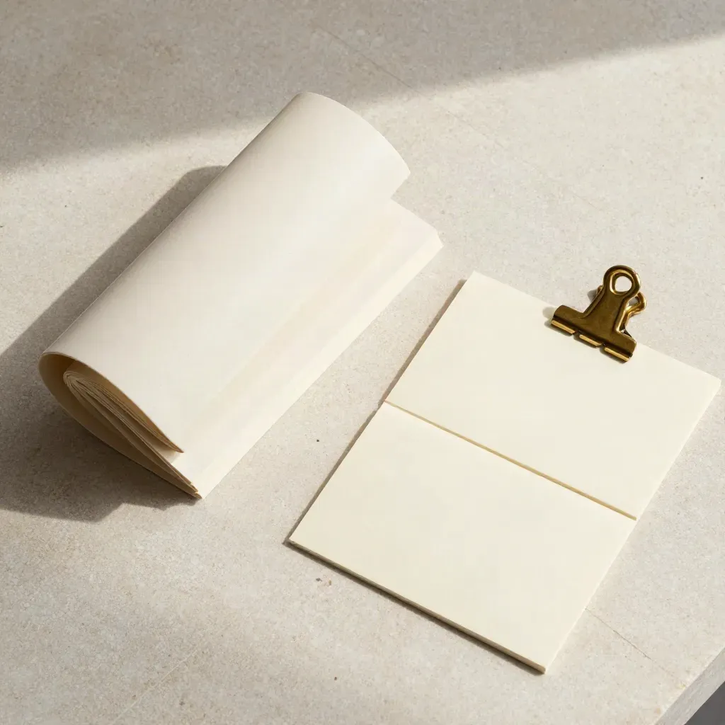 Ivory digest bundle, two blank cards and brass clip on pale stone, overhead flatlay.