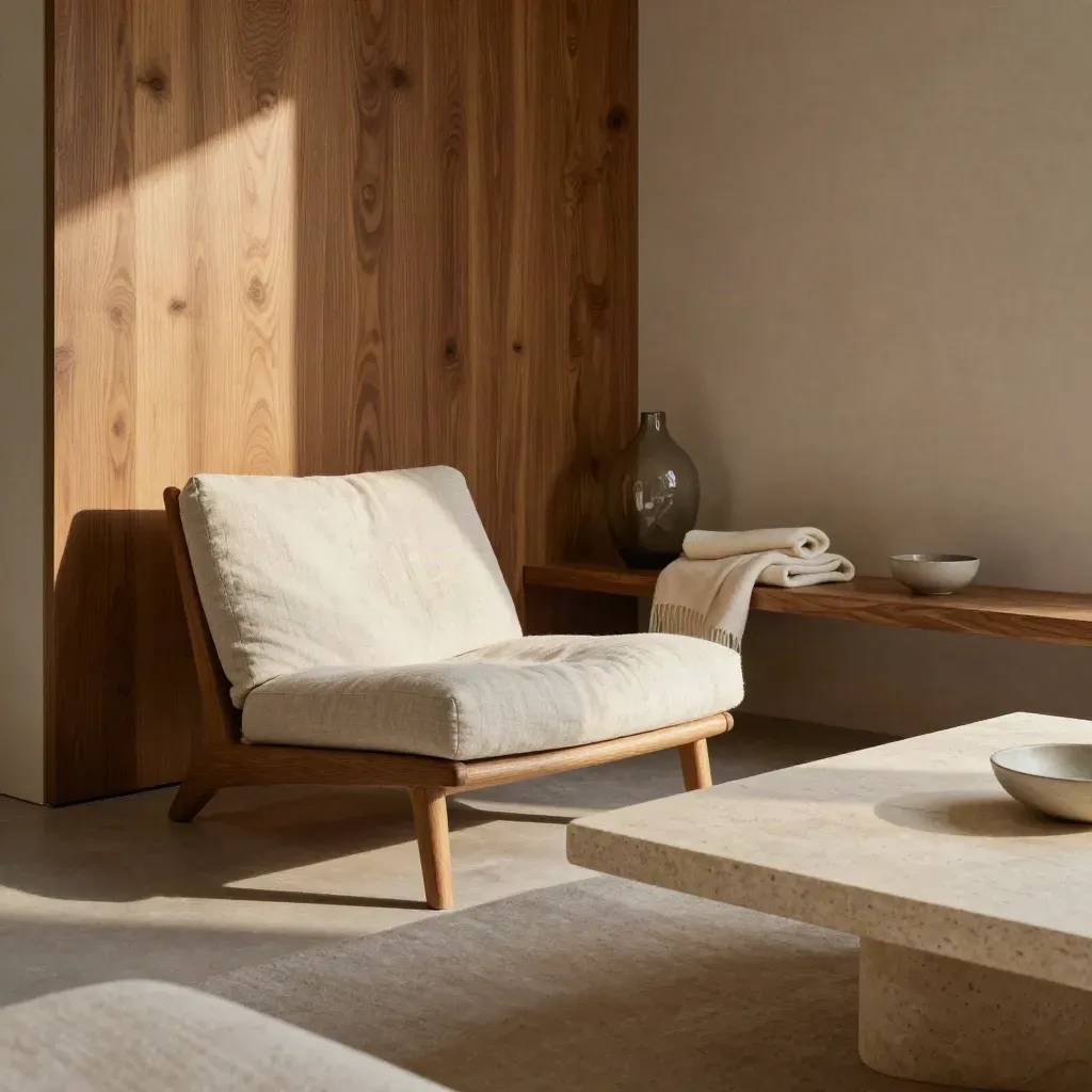 Sunlit oak lounge vignette with linen chair, pale stone tabletop and calm copy space