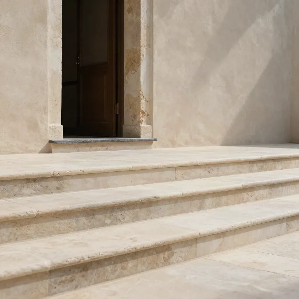 Sunlit stone terrace with steps, doorway, and brushed wall in a calm architectural wide view
