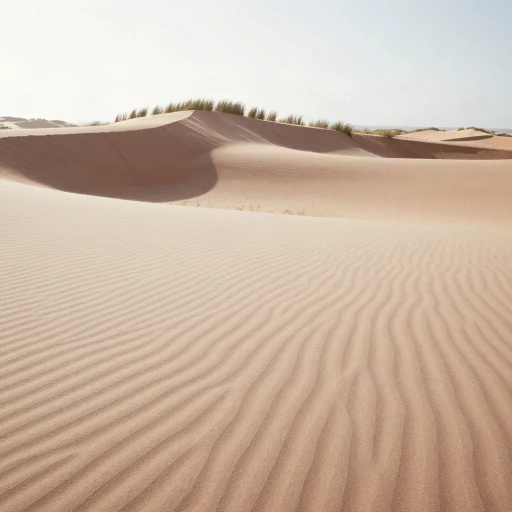 Wind-rippled sand dunes with a grass line and hazy horizon in warm gold light.