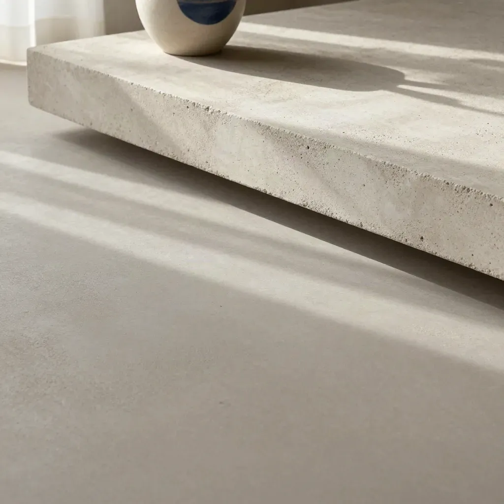 Brushed concrete with a curtained blur, small ceramic vessel, and drifting sun patch.