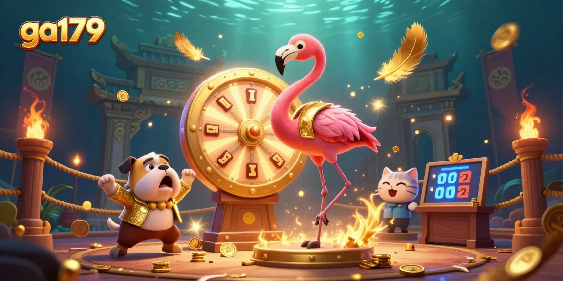 Engage with ga179's thrilling gameplay as the flamingo and bulldog celebrate by the prize wheel!