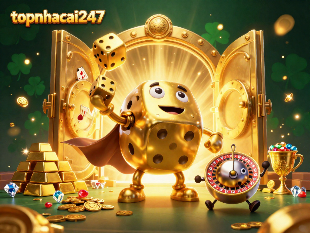 Experience thrilling gaming at topnhacai247 with dynamic golden dice characters and vibrant casino elements.