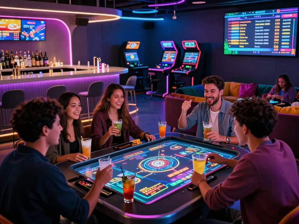 Dynamic atmosphere in a crypto casino with friends celebrating a win at holographic gaming tables.
