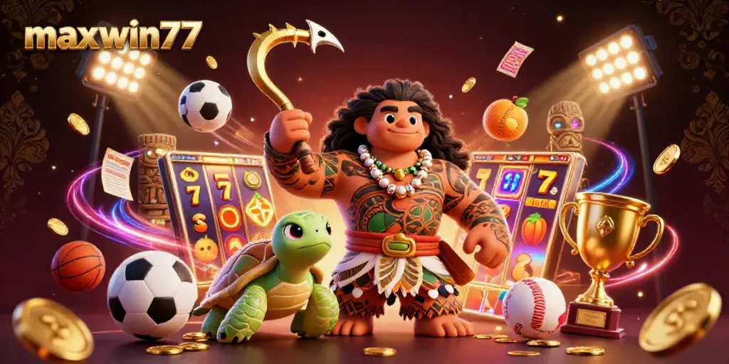 Experience maxwin77 in a thrilling 3D casino scene with vibrant games and dynamic elements.