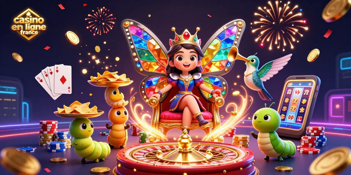 Plongez dans l'univers du casino en ligne France avec une illustration captivante de la reine des papillons, entourée de joyaux, de pièces d'or et de jeux de casino.