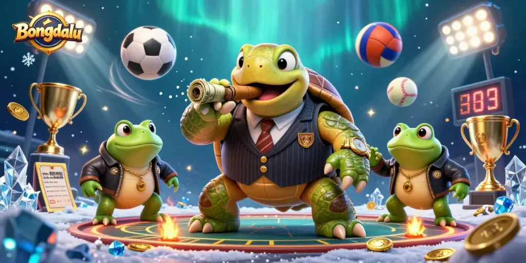 Bongdalu presents an exciting 3D scene of a snapping turtle mobster with sports balls and casino ambiance.