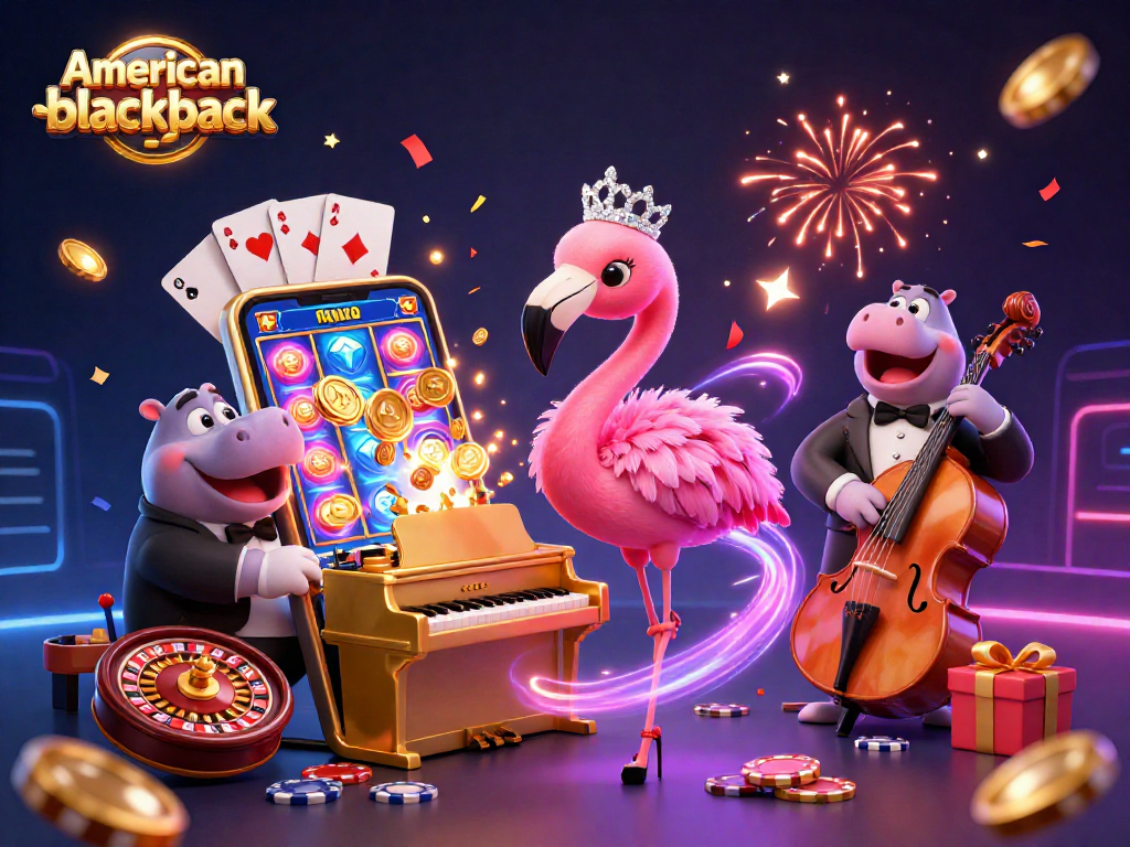 Experience the thrills of american-blackjack with vibrant 3D characters celebrating at a lively casino scene.