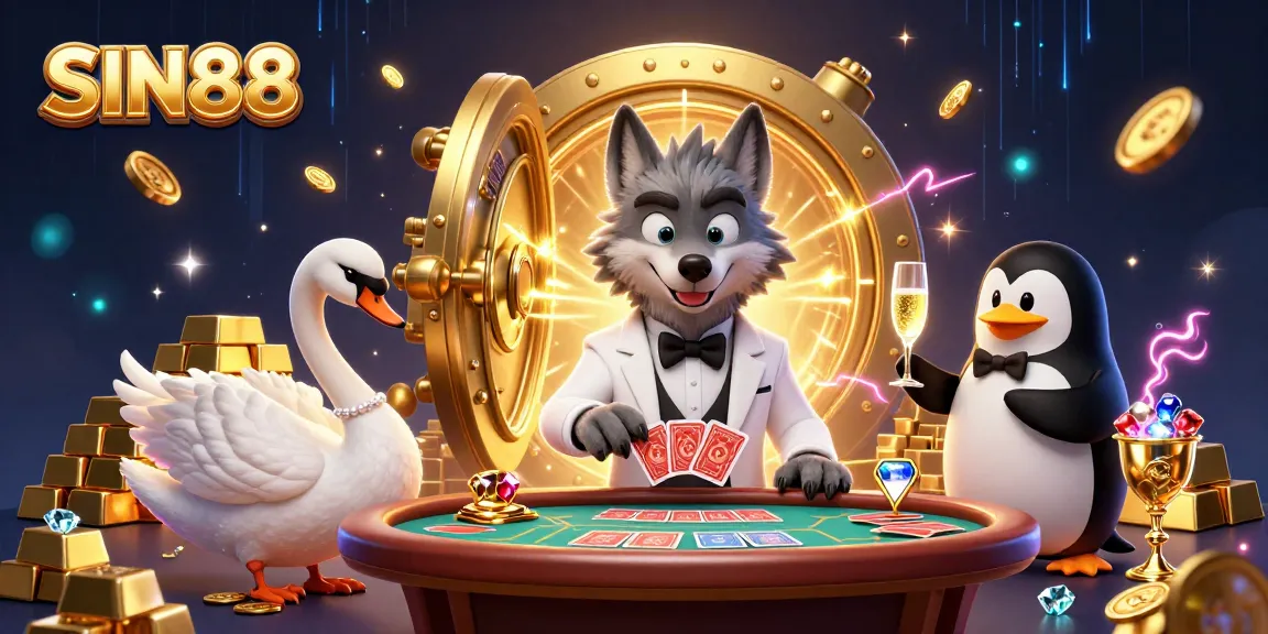 SIN88 offers an exciting baccarat experience with card-dealing swan and champagne-presenting penguin.