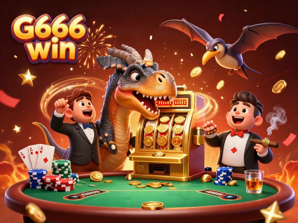 Experience thrilling gambling action with G666 win as cartoon dinosaurs celebrate jackpot wins in vibrant casino atmosphere.