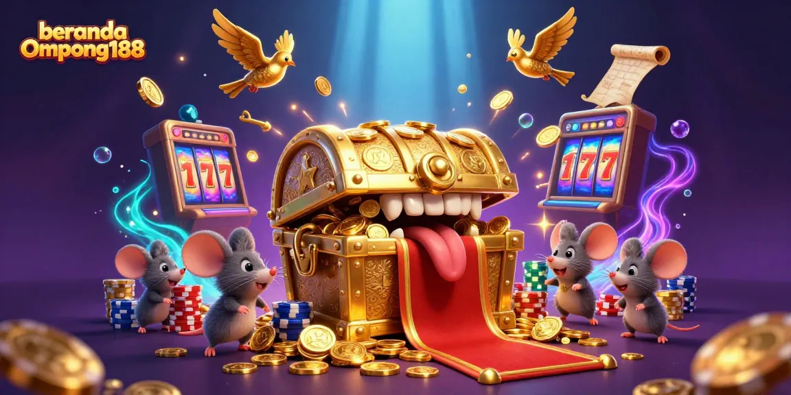 Gambaran beranda Ompong188 yang memikat dengan peti harta emas dan simbol slot keberuntungan.